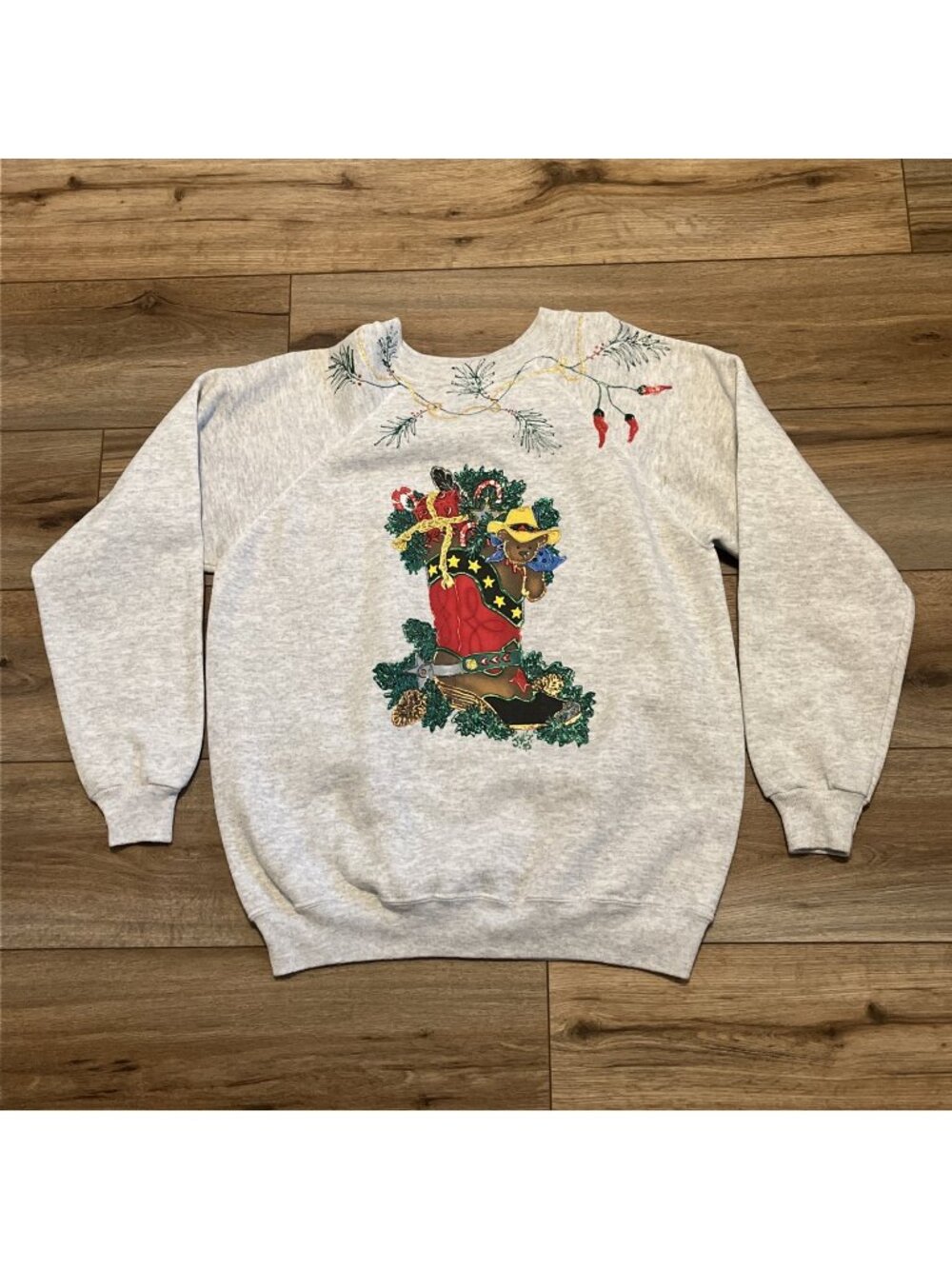 Christmas Cowboy Boot Sweatshirt SZ Large Gray Southwestern Holiday Tacky